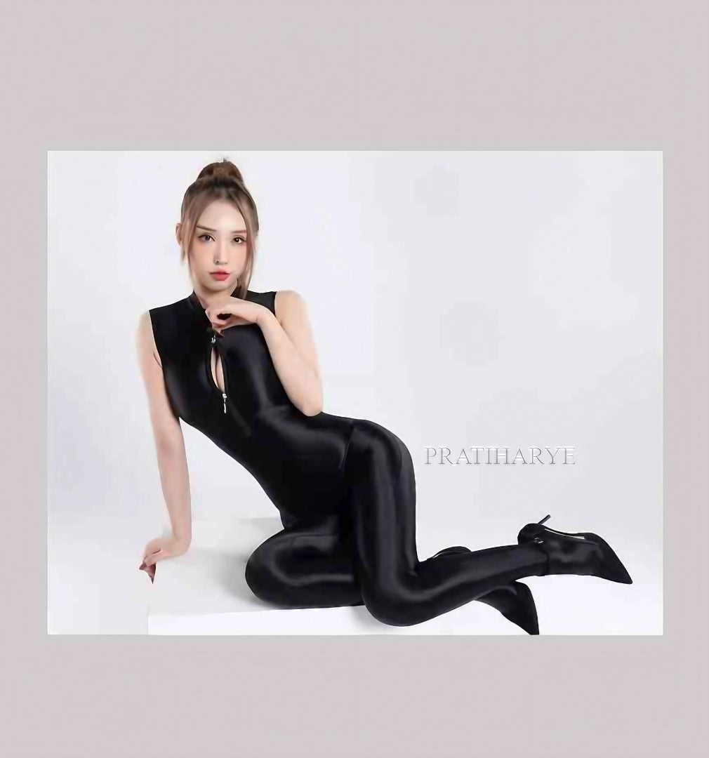 Sleeveless Zipper Crotch &amp; Neck Shinny Metallic Jumpsuit