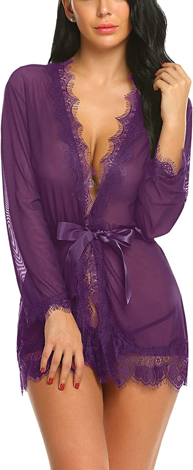 Pratiharye Sexy Lace Robe Kimono Mesh Nightgown Babydoll