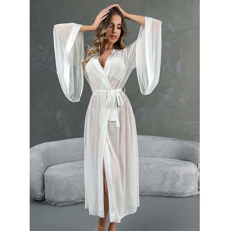 wedding morning robe bride
satin bride robe women
luxury bridal robe
honeymoon robe for bride
Premium White Sheer Mesh Flare Sleeve Long Robe