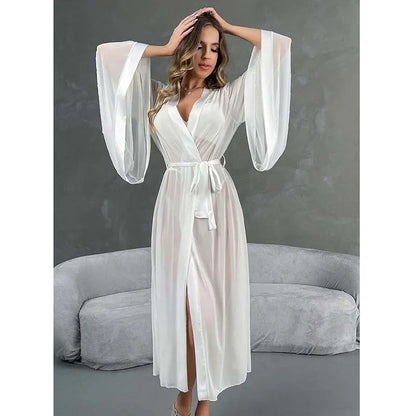 Premium White Sheer Mesh Flare Sleeve Long Robe