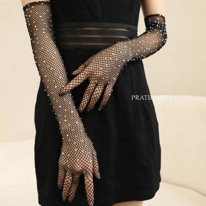 women fashion gloves
bridal gloves for women
stylish party gloves
Rhinestone Fishnet Long Gloves