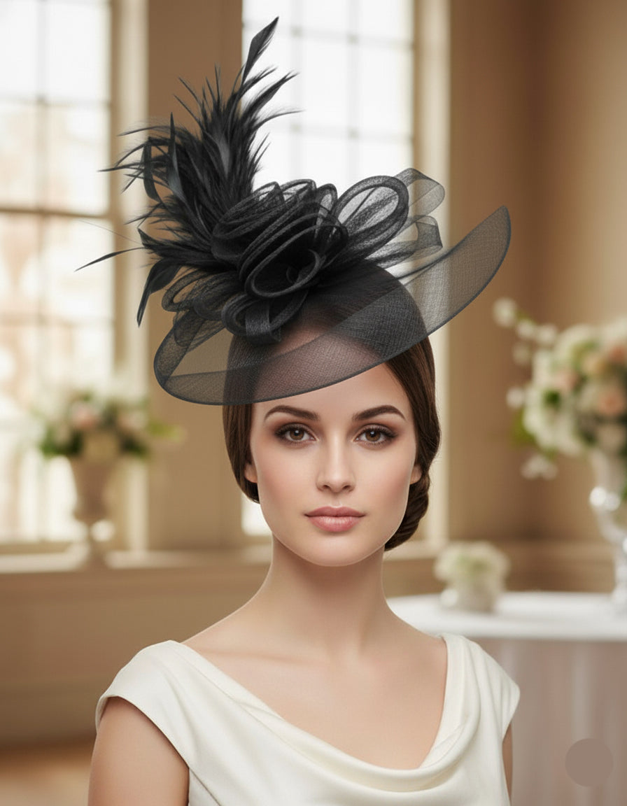 Pratiharye fascinator hats
women fascinator hats
bridal fascinator hat
wedding fascinator for women
Royal Noir Feather Mesh Fascinator Hat
