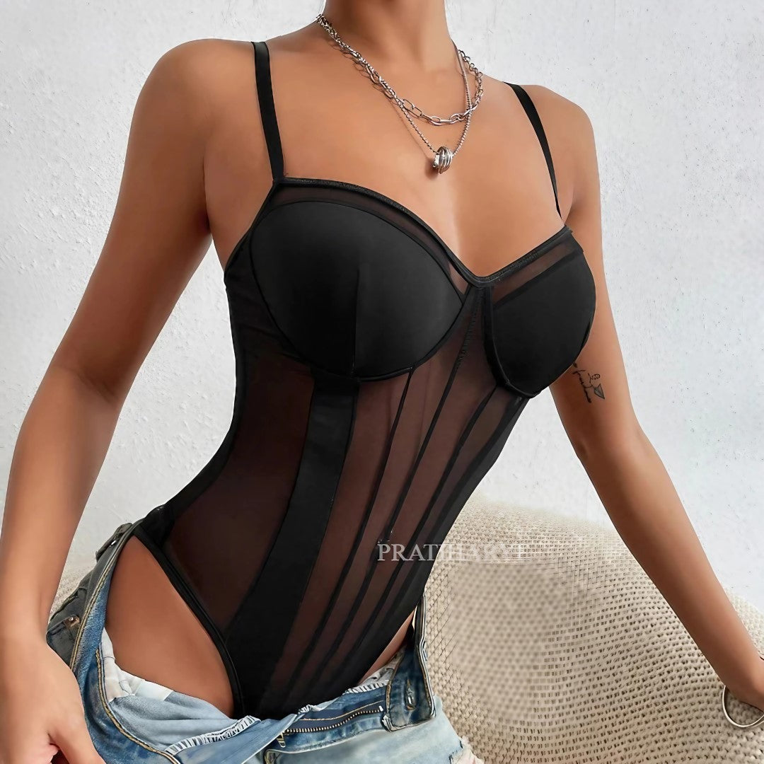 Black corset-style bodysuit with sheer vertical panels and underwire cups
