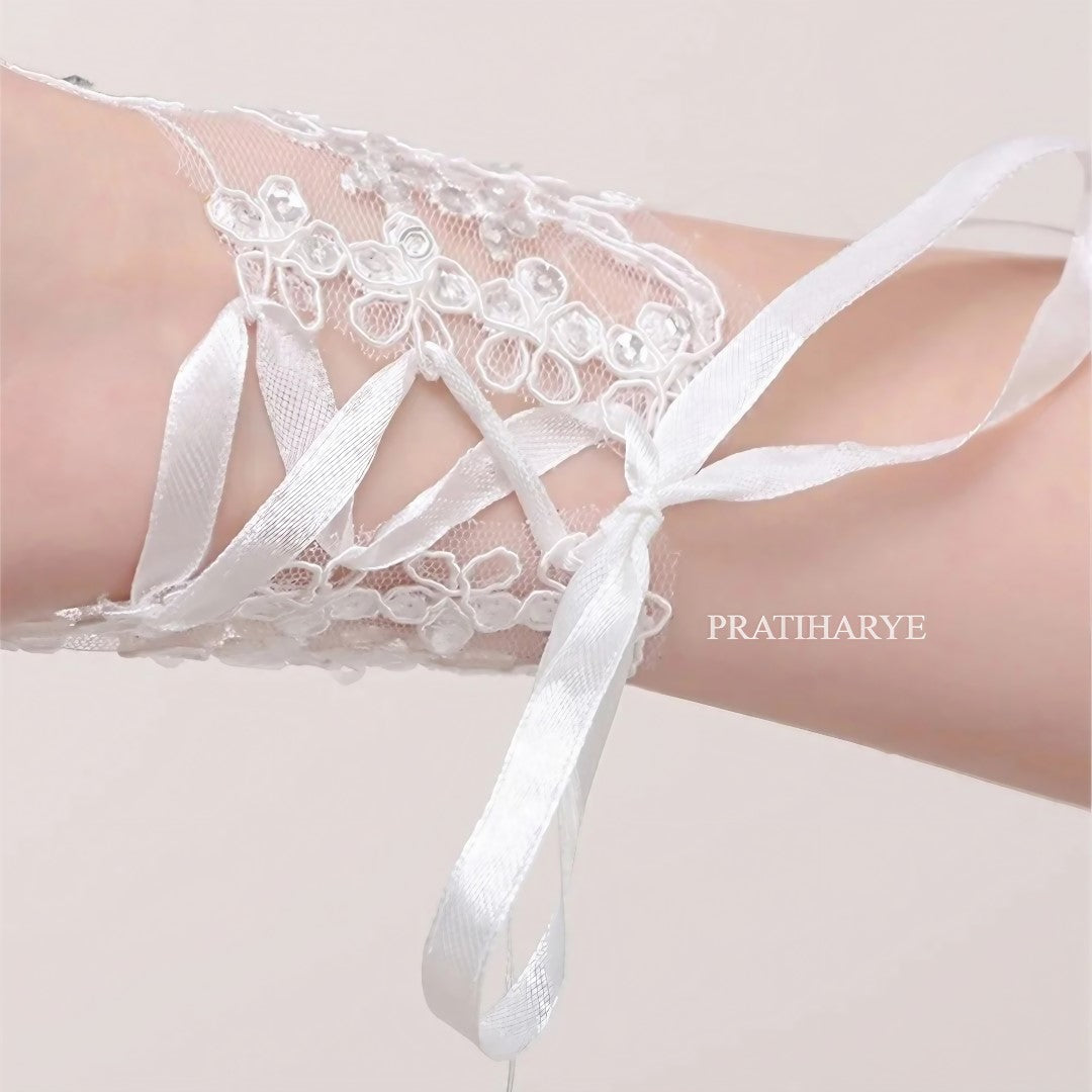 Short Bride Lace Gloves with Crystal Beading