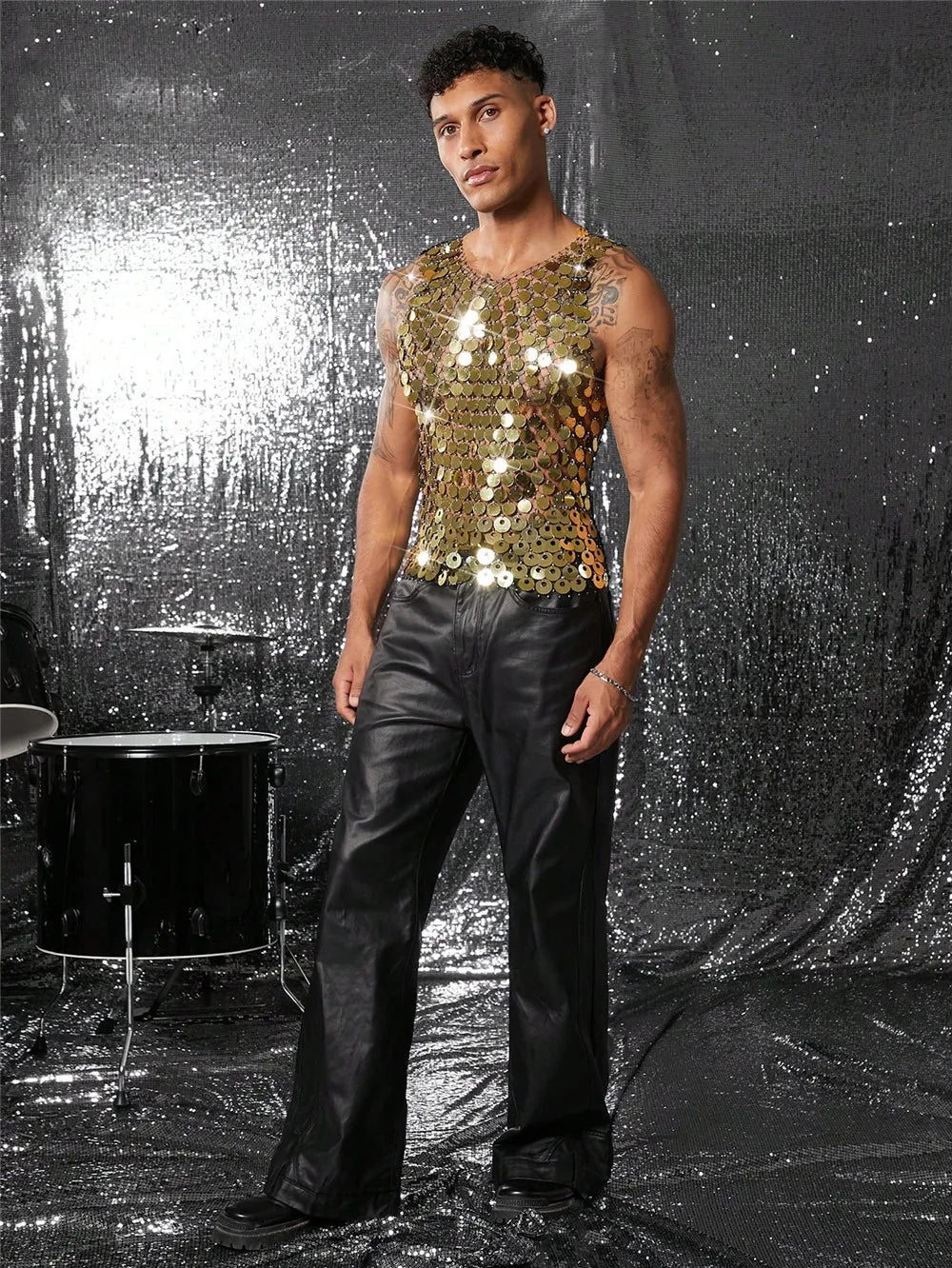 Men Metallic Coin Chain Party Top