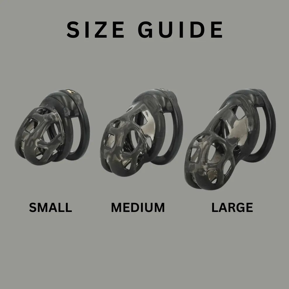 Black silicone chastity cages shown in small, medium, and large sizes