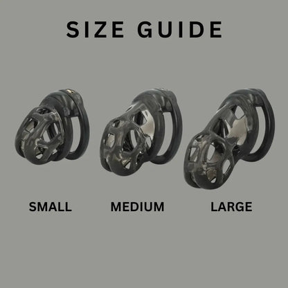 Black silicone chastity cages shown in small, medium, and large sizes