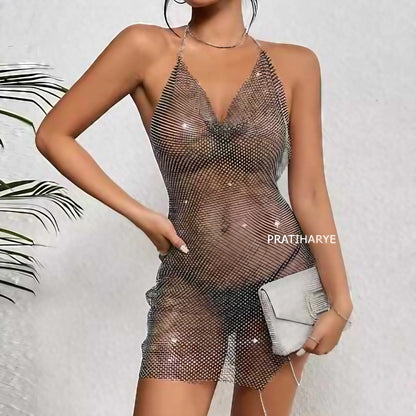 Sexy Mesh Rhinestone Mini Dress with Backless Chain Detail