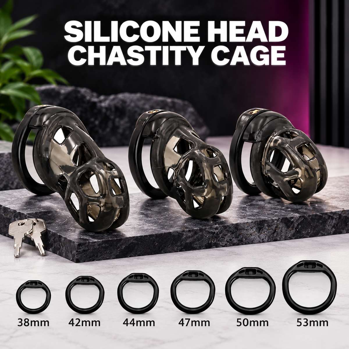 Black silicone chastity cage set with keys and six base ring sizes from 38 to 53 mm