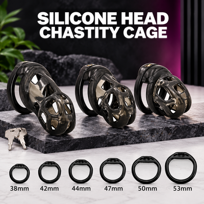 Black silicone chastity cage set with keys and six base ring sizes from 38 to 53 mm