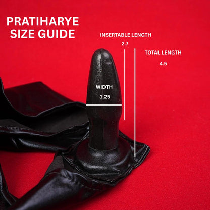 Black faux leather panty with attached dildo, size guide measurement overlay