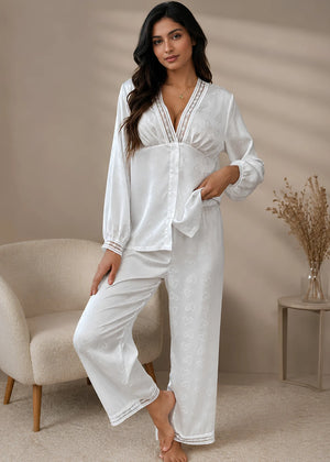 Premium White Satin Sweetheart Lace Trim Lounge Set