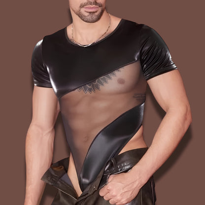 Sexy Faux Leather Mesh Bodysuit for Men