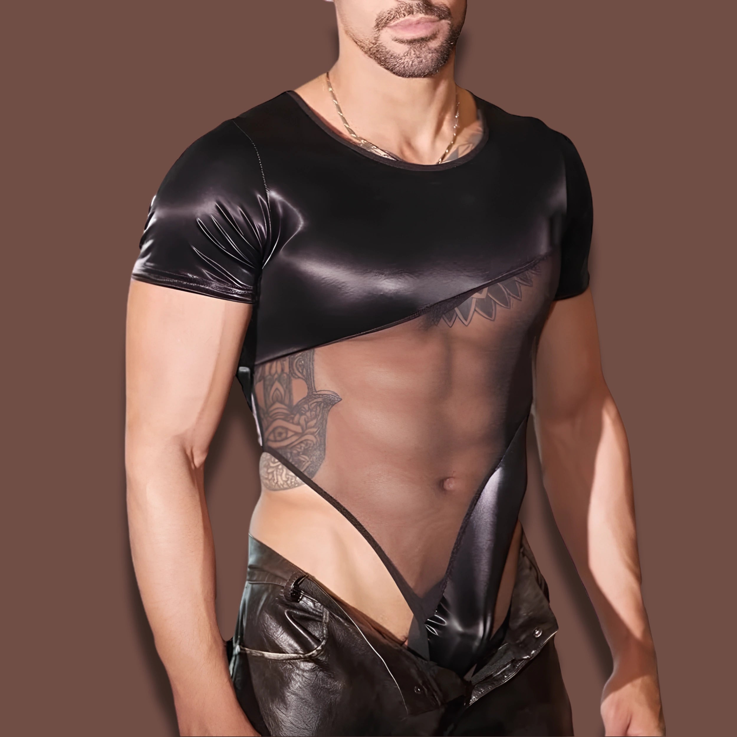 Sexy Faux Leather Mesh Bodysuit for Men