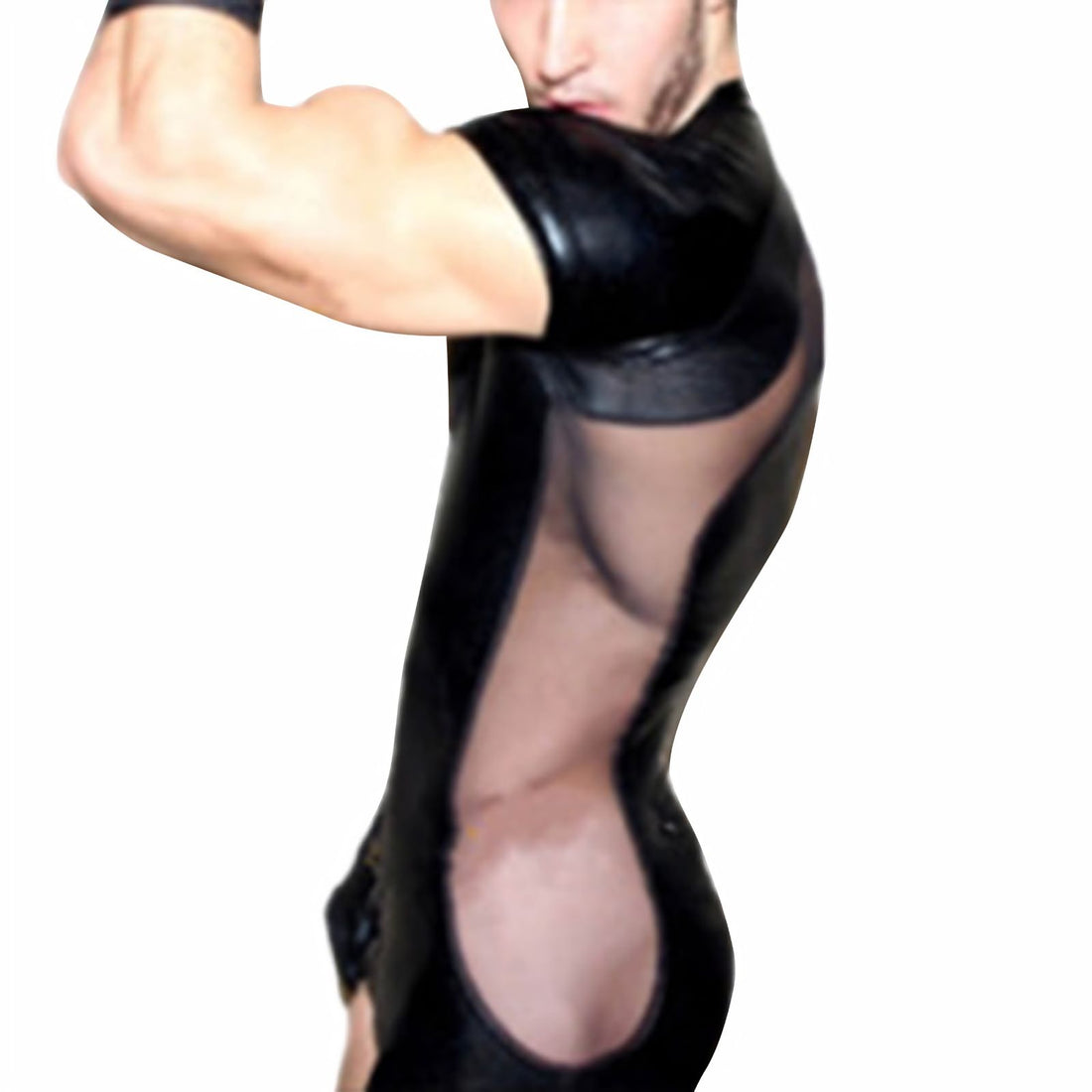 Men’s Faux Leather Bodysuit with Sheer Side Panels