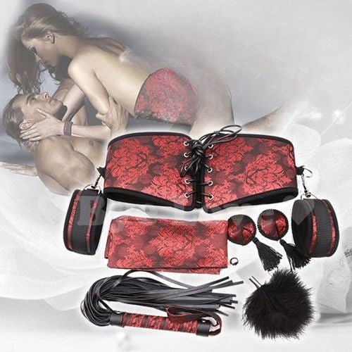 6pc Bondage Corset Red Lace Kit