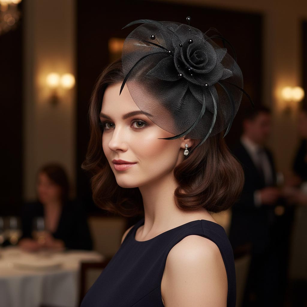Elegant Black Net Pearl Fascinators Hat with Hairband