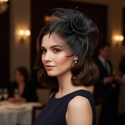 Elegant Black Net Pearl Fascinators Hat with Hairband