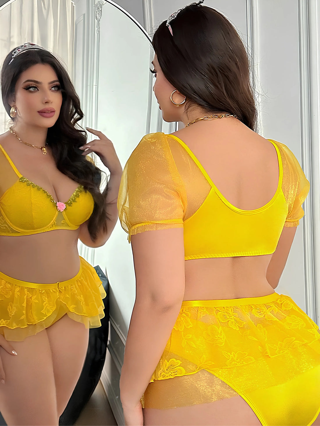 Women’s Yellow Floral Lace Babydoll Lingerie Set - Plus Size