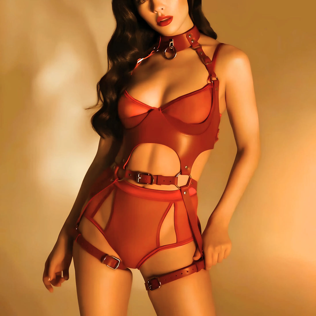 Red Leather Bondage Harness Set with Neck Choker