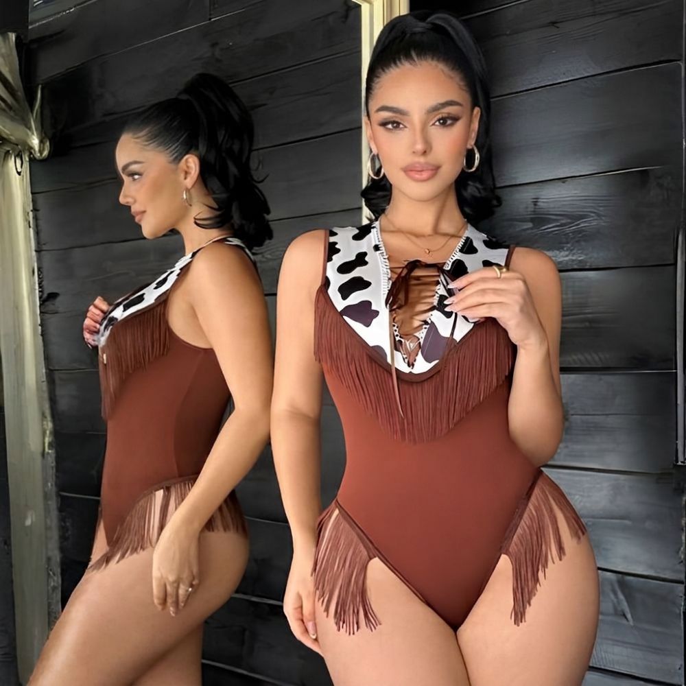 Trendy Cow Fringes Brown Bodysuit