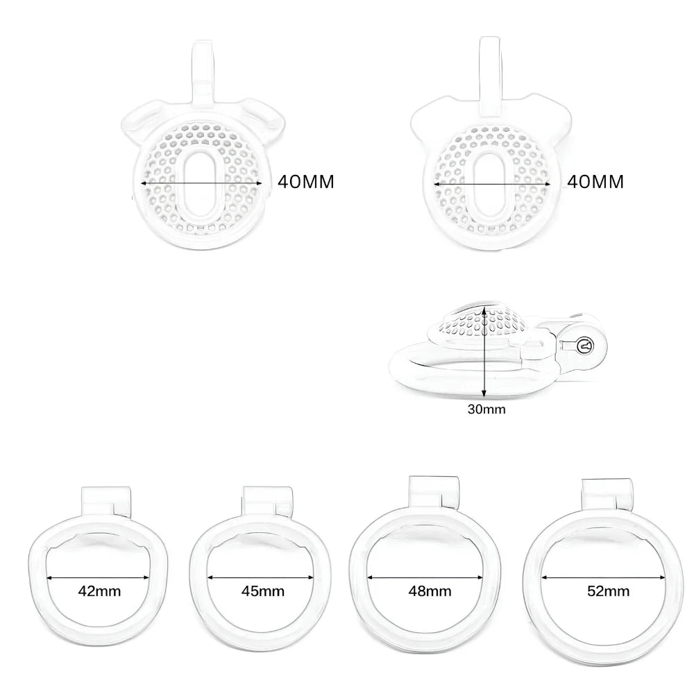 Transparent plastic chastity cage with four circular rings and perforated front plate