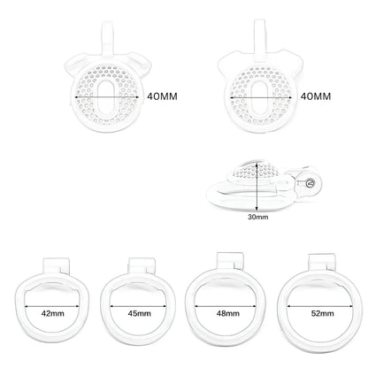 Transparent plastic chastity cage with four circular rings and perforated front plate