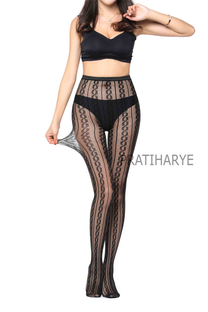 Lace Pattern High Waist Fishnet Pantyhose Stocking - D4