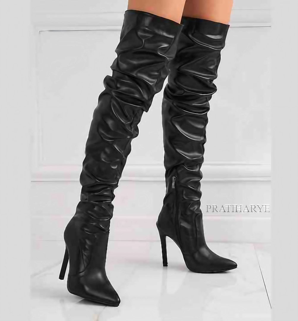 Premium Latex Thigh High Side Zip Pointed Toe Shoes | Black