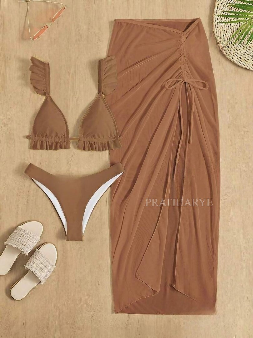 Solid Beach Bikini set with Sarong