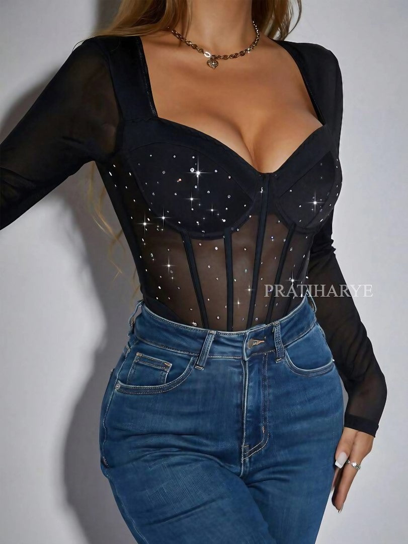 Rhinestone Sweetheart Neck Bodysuit