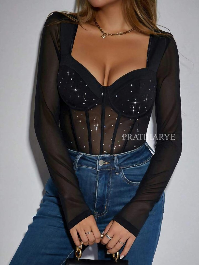 Rhinestone Sweetheart Neck Bodysuit