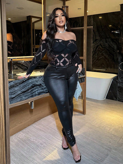 Sexy Black Fishnet Off-Shoulder Top