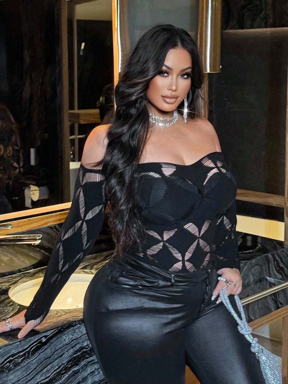 Sexy Black Fishnet Off-Shoulder Top