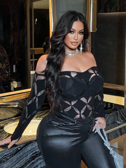 Sexy Black Fishnet Off-Shoulder Top