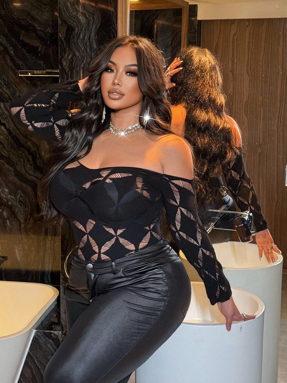 Sexy Black Fishnet Off-Shoulder Top
