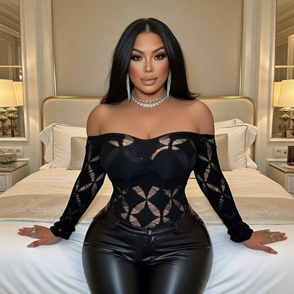 Sexy Black Fishnet Off-Shoulder Top