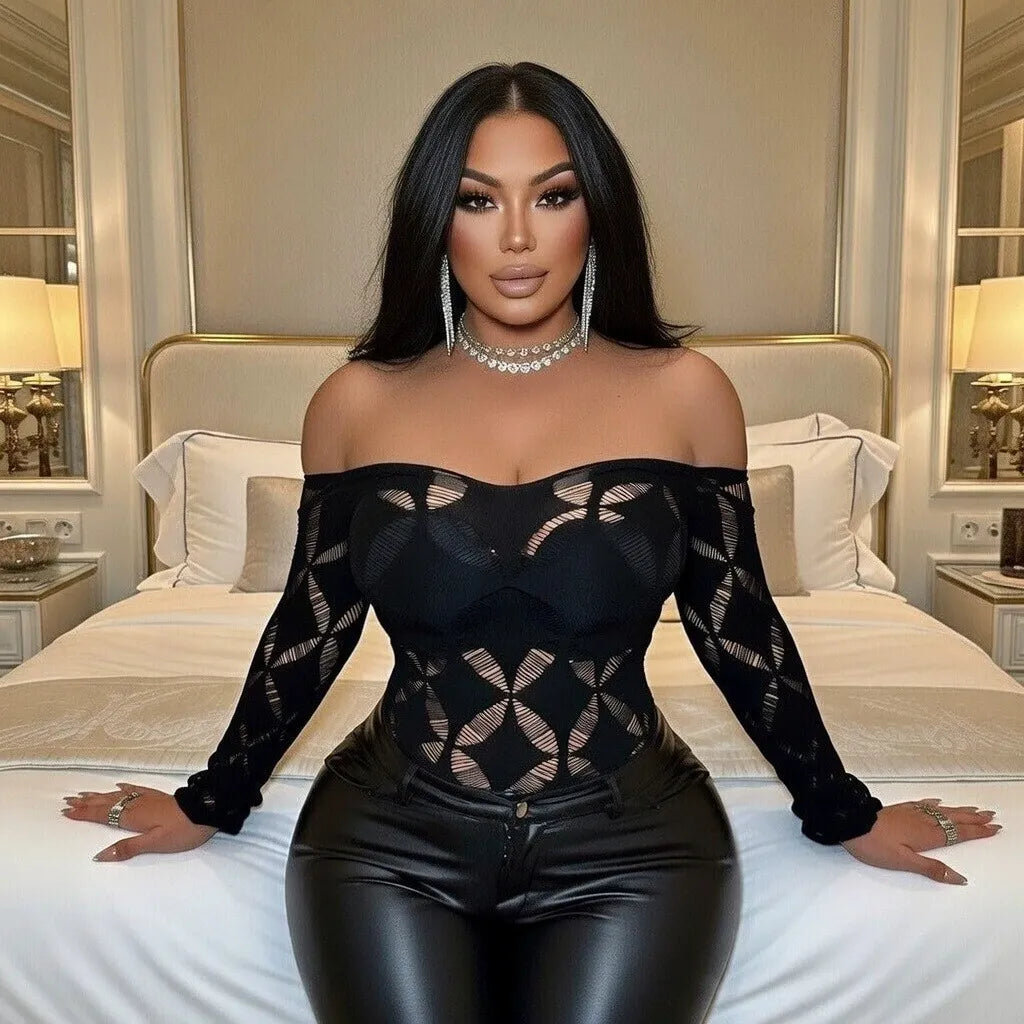 Sexy Black Fishnet Off-Shoulder Top