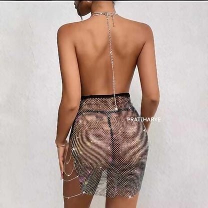 Sexy Mesh Rhinestone Mini Dress with Backless Chain Detail