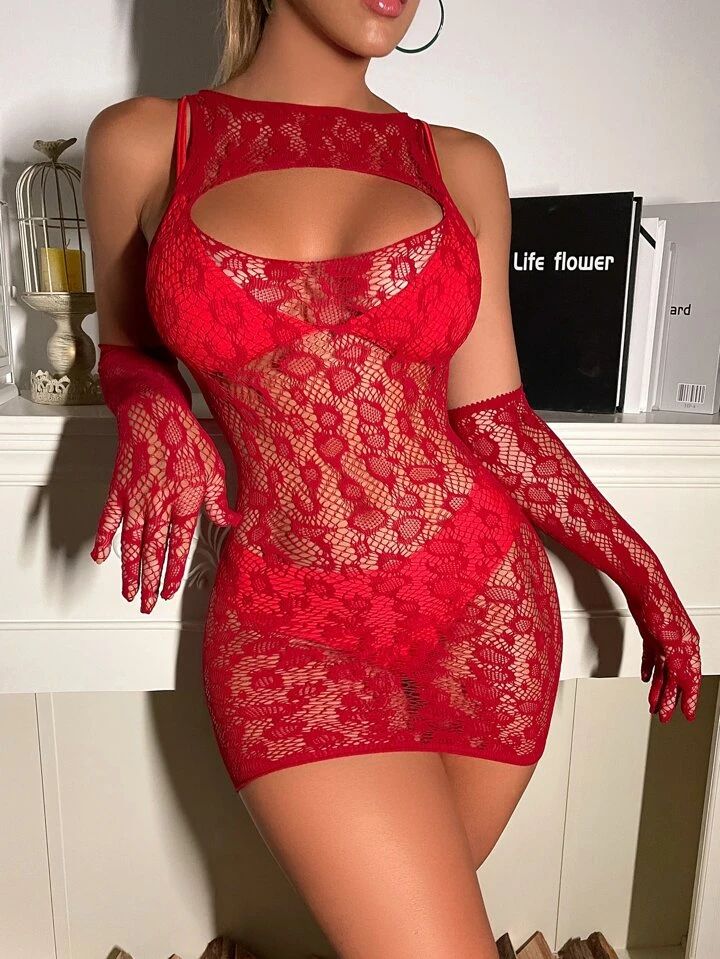 Key Hole Fishnet Dress with Gloves