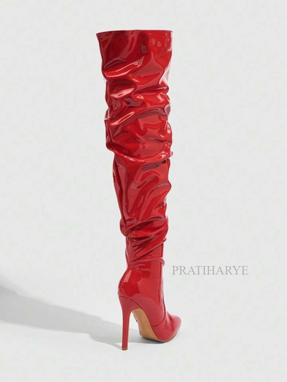 Premium Latex Thigh High Side Zip Pointed Toe Shoes | Red