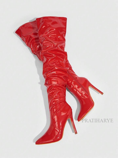 Premium Latex Thigh High Side Zip Pointed Toe Shoes | Red