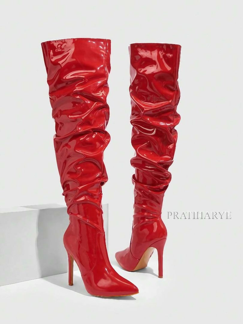 Premium Latex Thigh High Side Zip Pointed Toe Shoes | Red