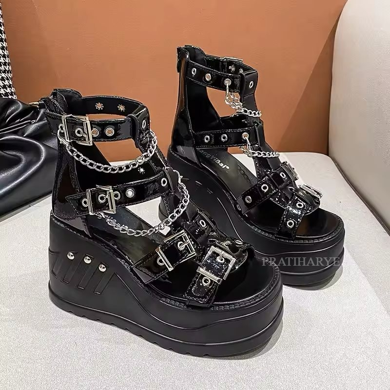 Gothic Punk Goth Wedge Gladiator Metal Chain Sandals