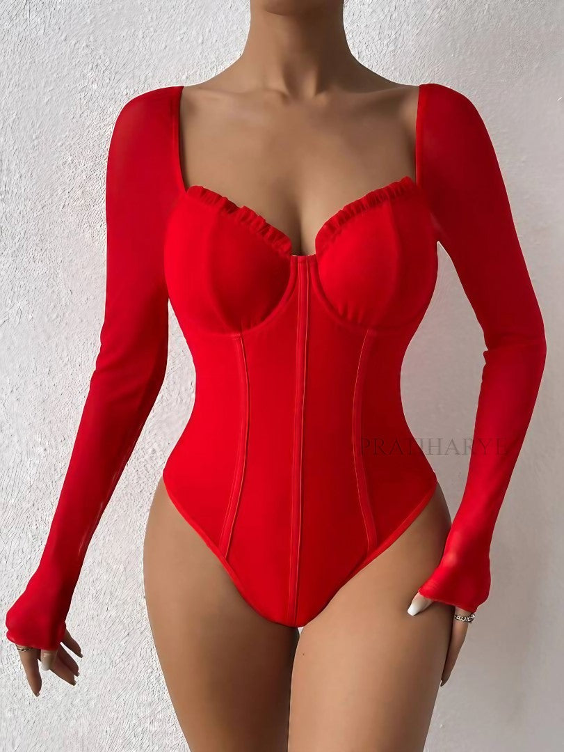 Red corset-style sweetheart bodysuit with long sleeves and fitted high-cut legs