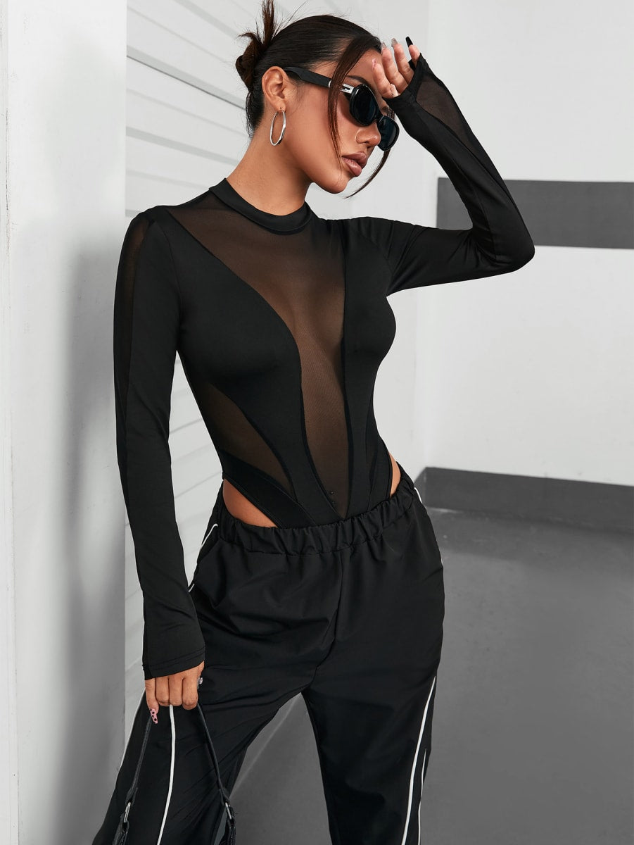 Round Neck Semi-Sheer Bodysuit