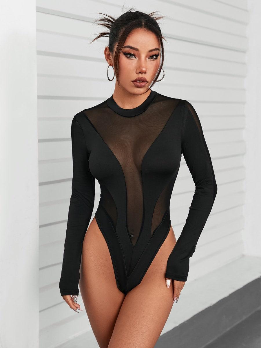Black semi-sheer round-neck bodysuit, long sleeves, deep V sheer front panel