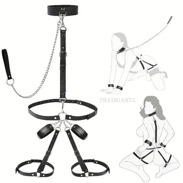 Black faux-leather traction harness with collar, long chain, and leg cuff restraints