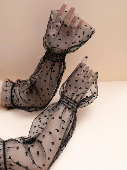 Sheer Black Heart Mesh Gloves