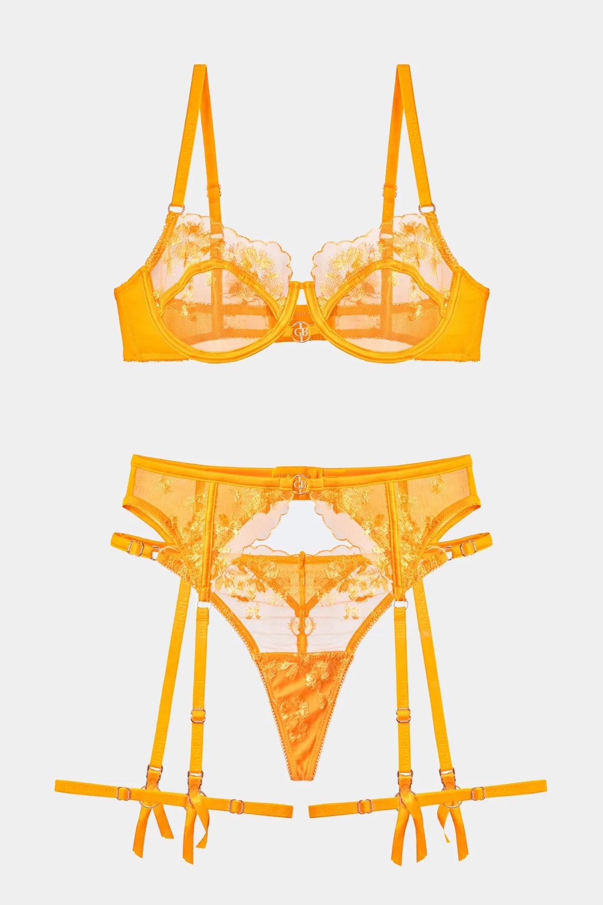 Orange &amp; Yellow Floral Lace Sexy Lingerie Garter Set